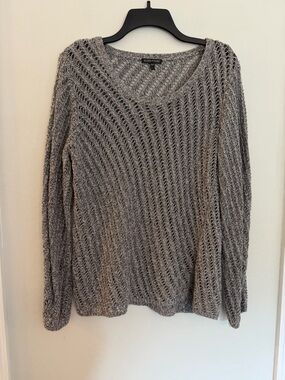 Eileen Fisher Open Knit Cotton Sweater Size Large Gray Lightweight Pullover